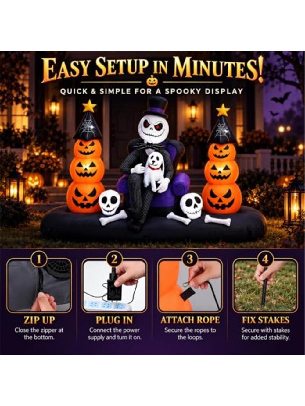 8FT Halloween Inflatables Outdoor Decorations, LED Lighted Inflatable Skeleton - Picture 6 of 7